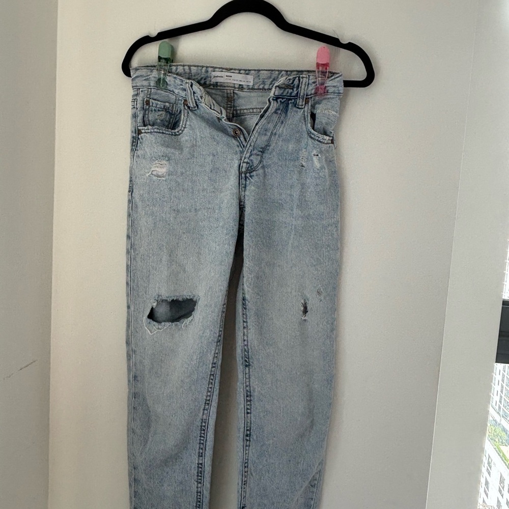 Stradivarius Blue Straight Leg Jeans with Distressed Details